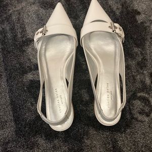 NIB Charles Nolan white patent leather sling backs